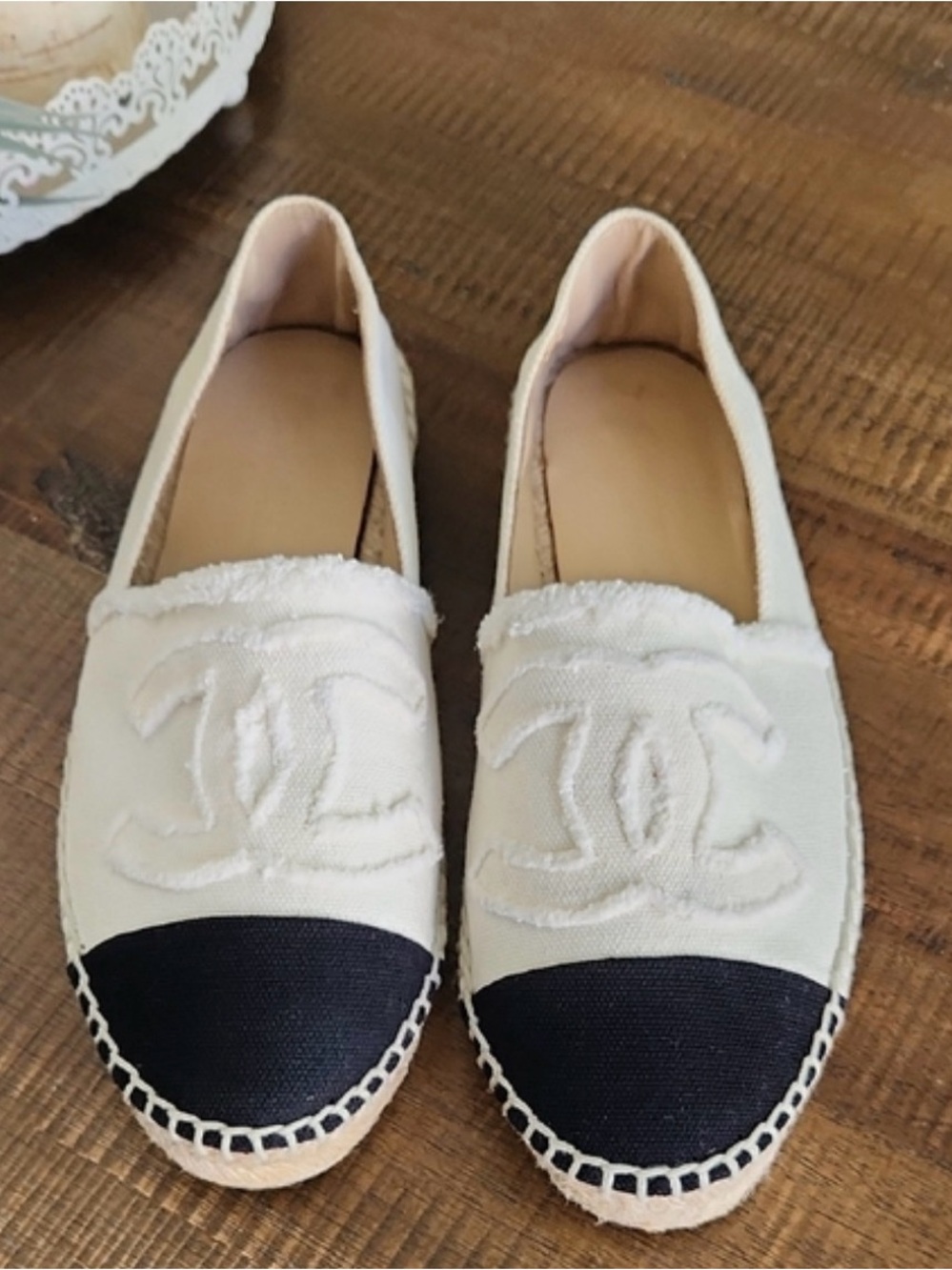 CHANEL White and Black Canvas Espadrilles